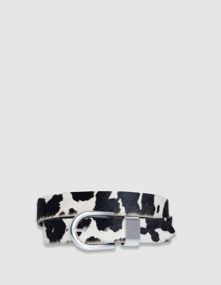 Women's ecru leather belt with foal effect and cow pattern-1