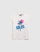 Ecru T-shirt met palmopdruk en tekst met glitters meisjes-1