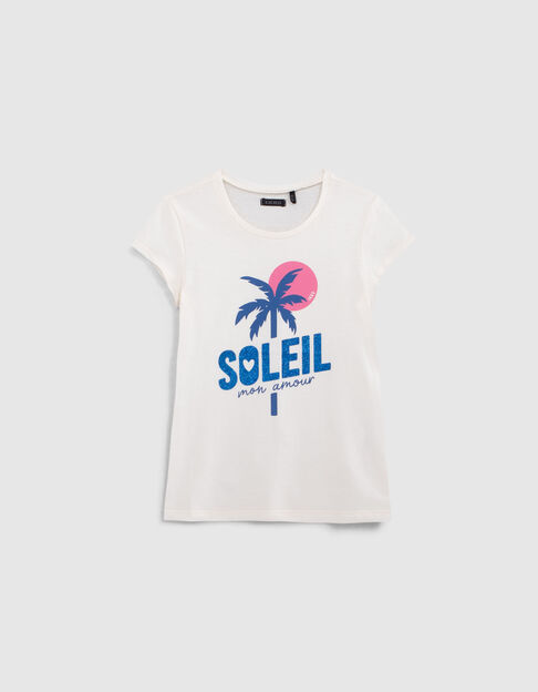 Camiseta color crudo palmera y mensaje purpurina niña - IKKS