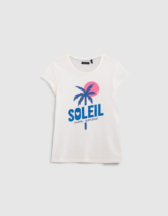 Girls' ecru T-shirt with palm image and glitter slogan - IKKS