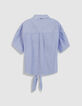 Camisa azul de manga corta a rayas para mujer-7