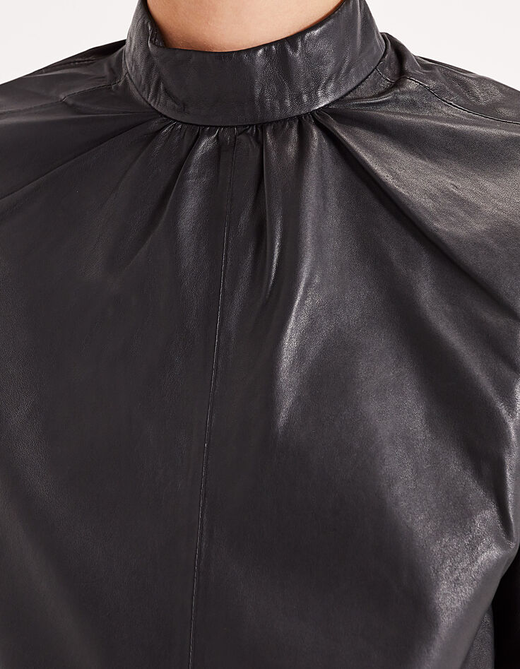 Schwarze Damenbluse aus Lammleder mit hohem Kragen-4