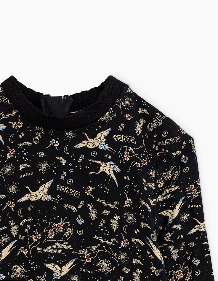 Blouse noire imprimé Sakura et grues sacrées fille-2 Blouse noire imprimé Sakura et grues sacrées fille-2
