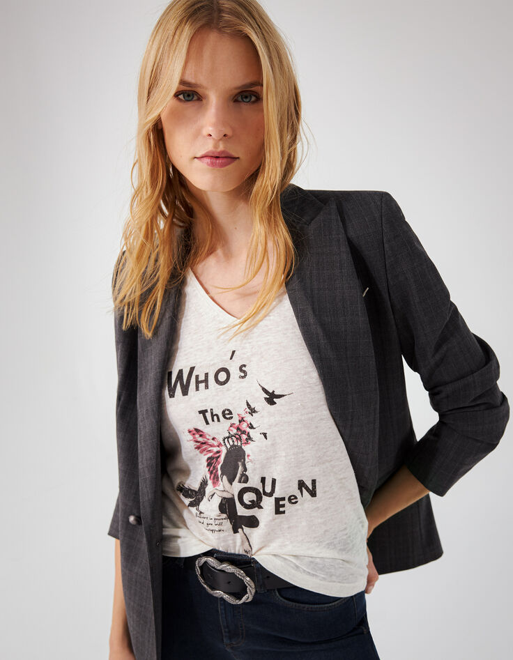 Tee-shirt lin certifié blanc visuel  graphique femme-1