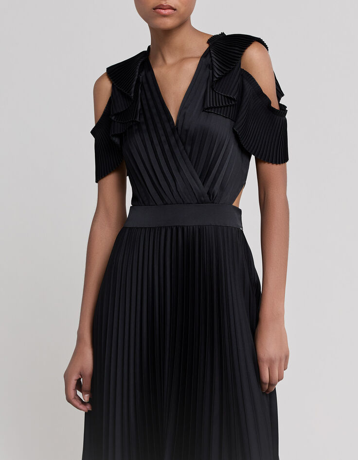 Robe longue noire recyclée plissée découpes côtés Femme-2