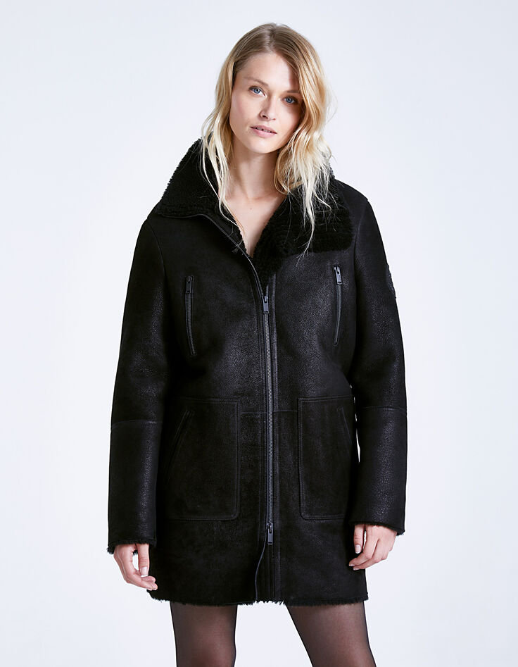 Manteau noir en vraie peau retournée zippée Femme-2