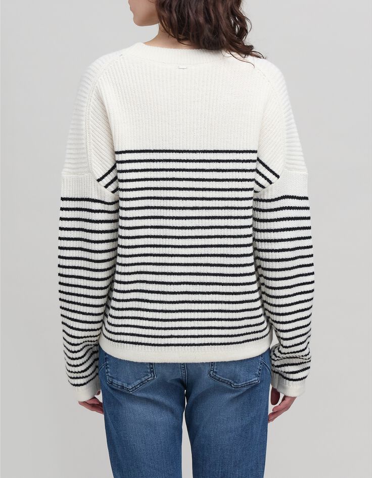 Women's black striped knit sweater with loopback message-3 Women's black striped knit sweater with loopback message-3