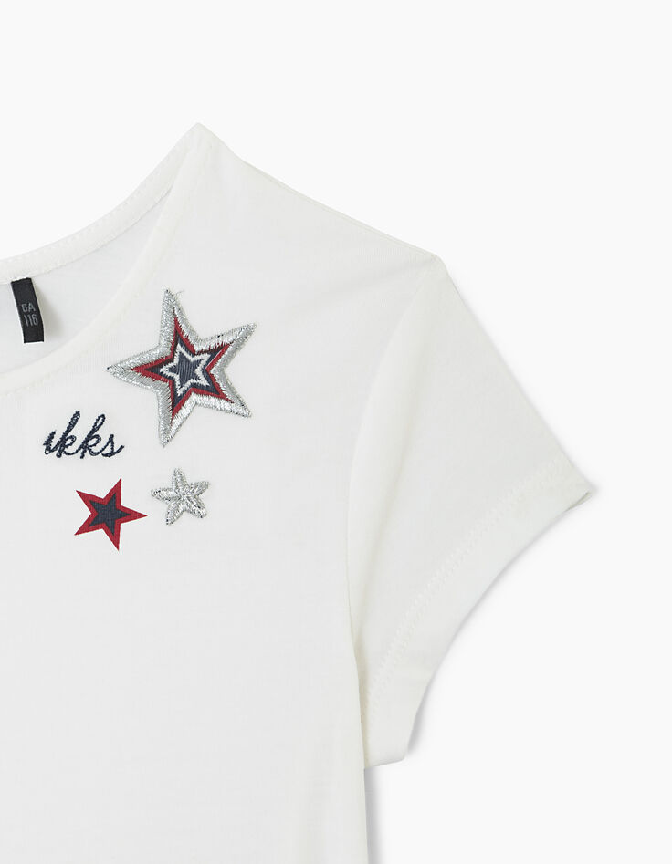 Witte jurk in twee materialen met rode plooiprint meisjes -3 Witte jurk in twee materialen met rode plooiprint meisjes -3