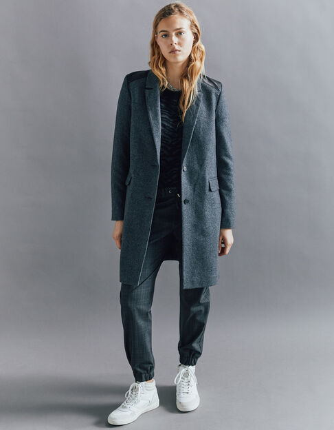 Women’s grey chevron wool coat with leather epaulets