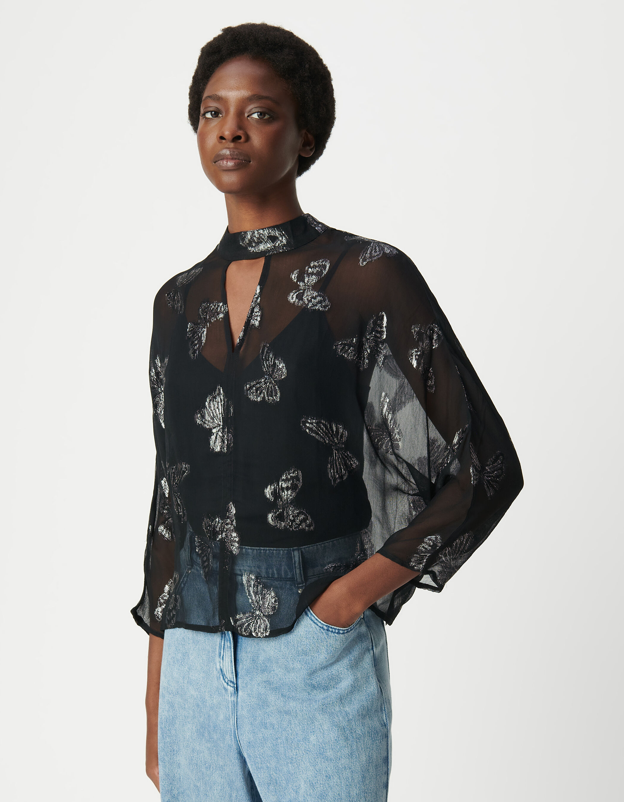 Women's black jacquard butterfly blouse