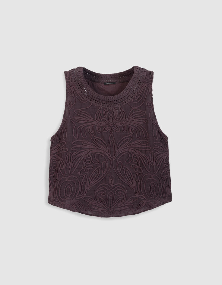 Top sans manches bordeaux motifs brod&eacute;s crochet Femme-7