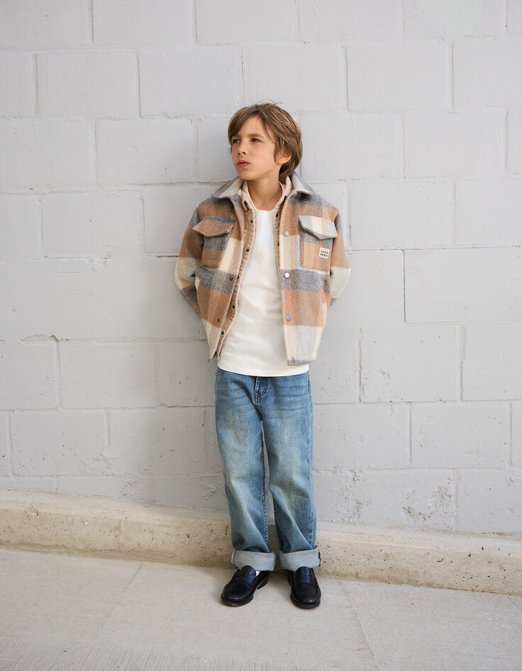 Boys’ beige check woolcloth fur-lined jacket-4