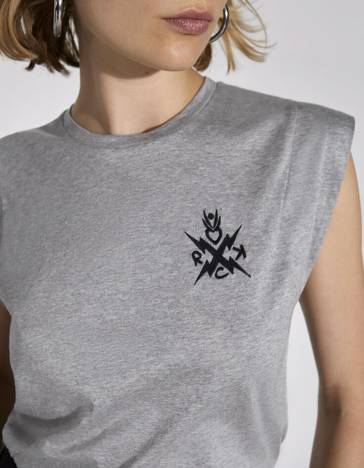 Graues Damen-T-Shirt, Baumwolle/Modal, Stickmotiv vorne-2