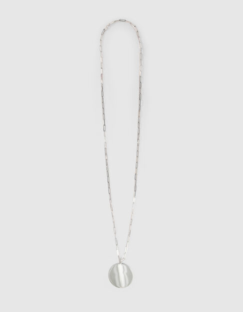 Lange ketting tweelaags zilverkleurig metaal medaille  