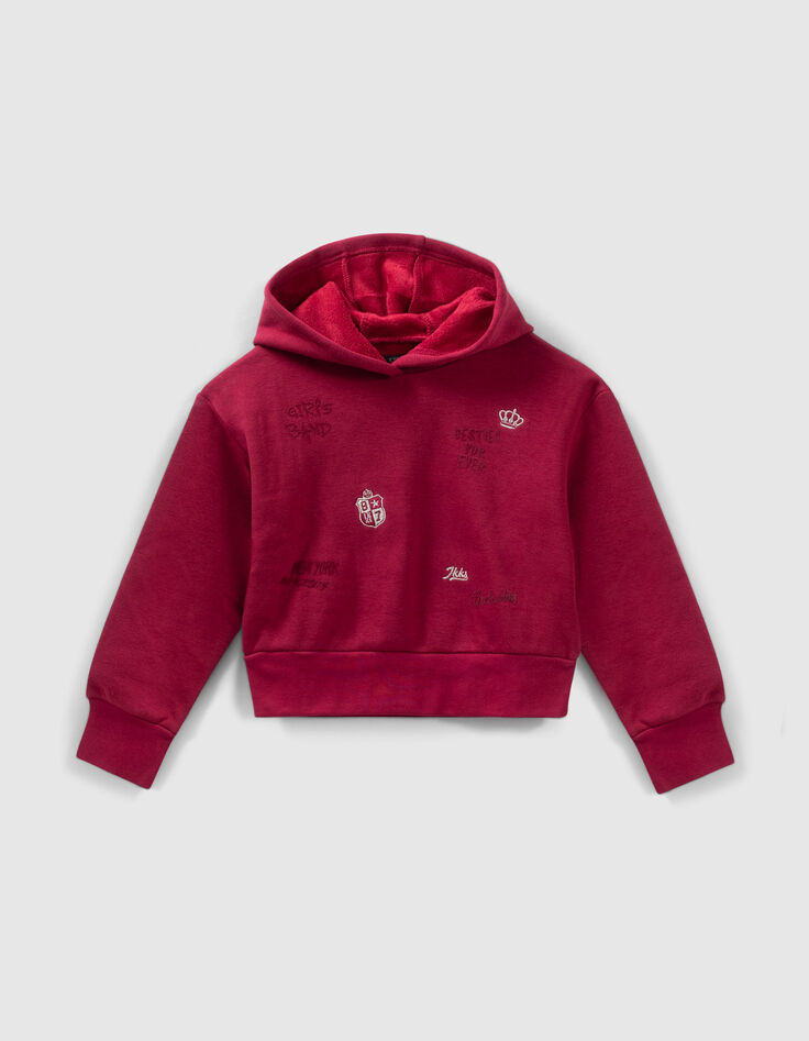 Sweat bordeaux brodé à capuche fille-1