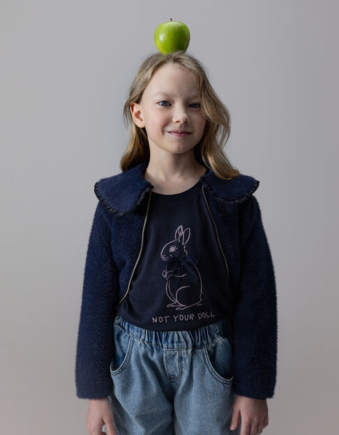 Girls’ navy organic cotton T-shirt, rabbit, 3D ribbon - IKKS