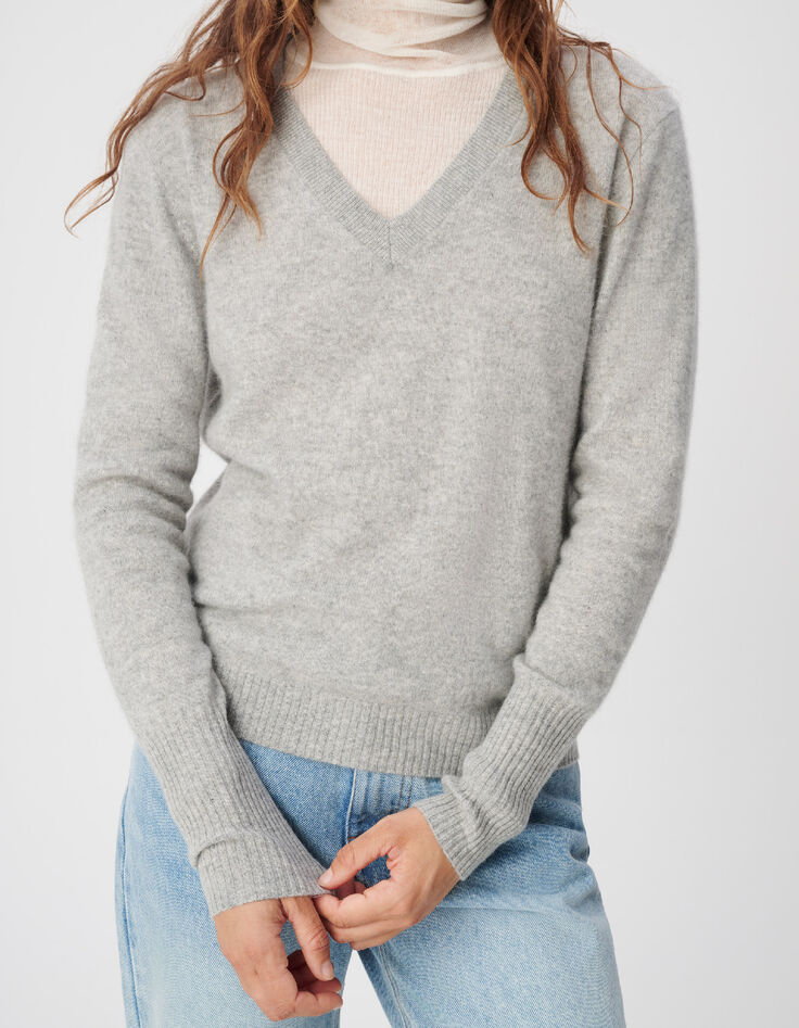 Pull col V gris tricot 100% cachemire Femme-4