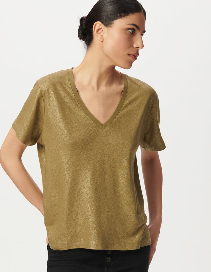 Camiseta manga corta caqui irisado acanalada mujer-2