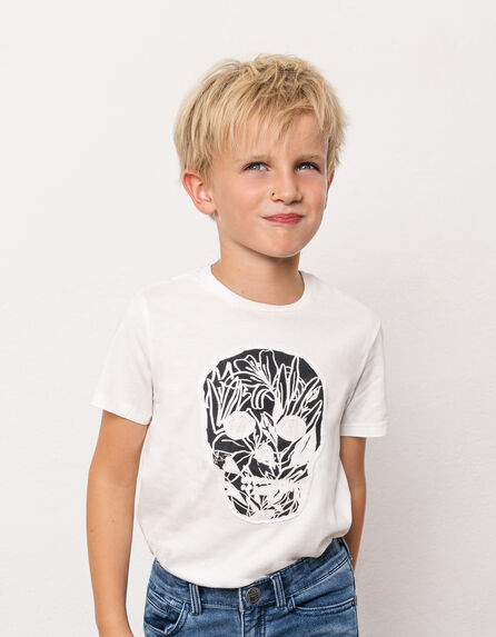Cremeweißes Jungen-T-Shirt aus Biobaumwolle mit Totenkopf 
