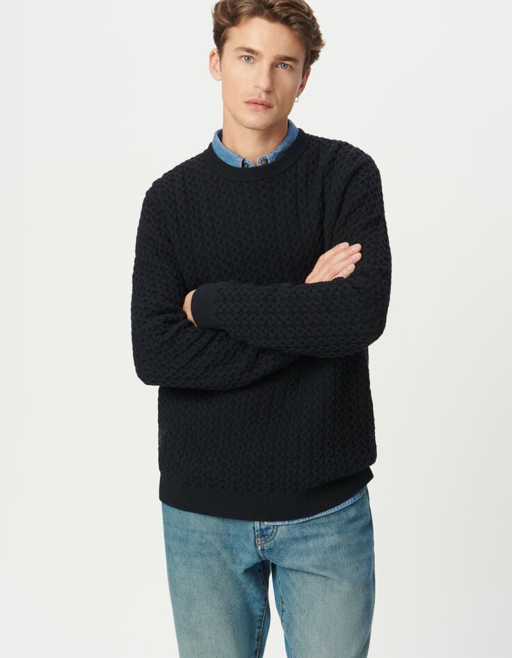 Men’s navy decorative textured knit winter sweater-2 Men’s navy decorative textured knit winter sweater-2
