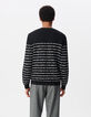Pull marinière noir tricot fin rayures blanches Homme-3