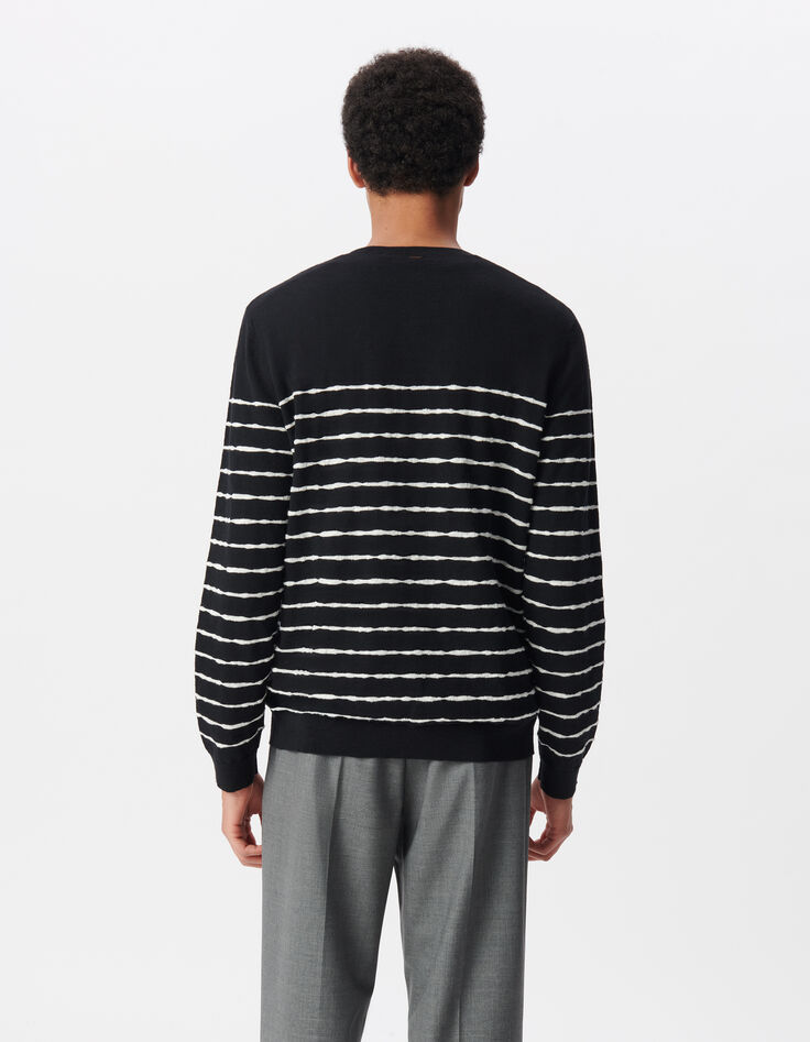 Pull marinière noir tricot fin rayures blanches Homme-3