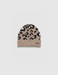 Bonnet beige tricot motif léopard fille-3