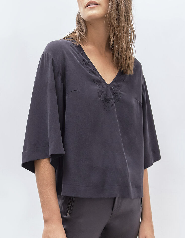 Pure Edition top à manches kimono en soie noir femme-3