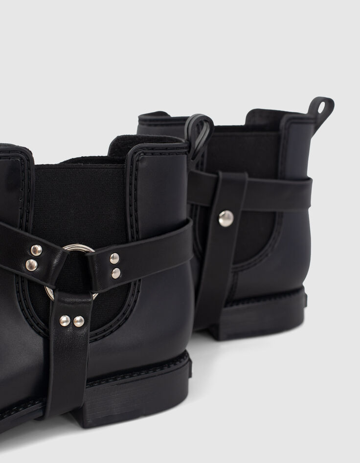Schwarze Chelsea-Damengummistiefel mit Biker-Schnalle-4