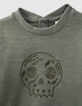Sweat kaki clair brodé skull en molleton bio bébé-3