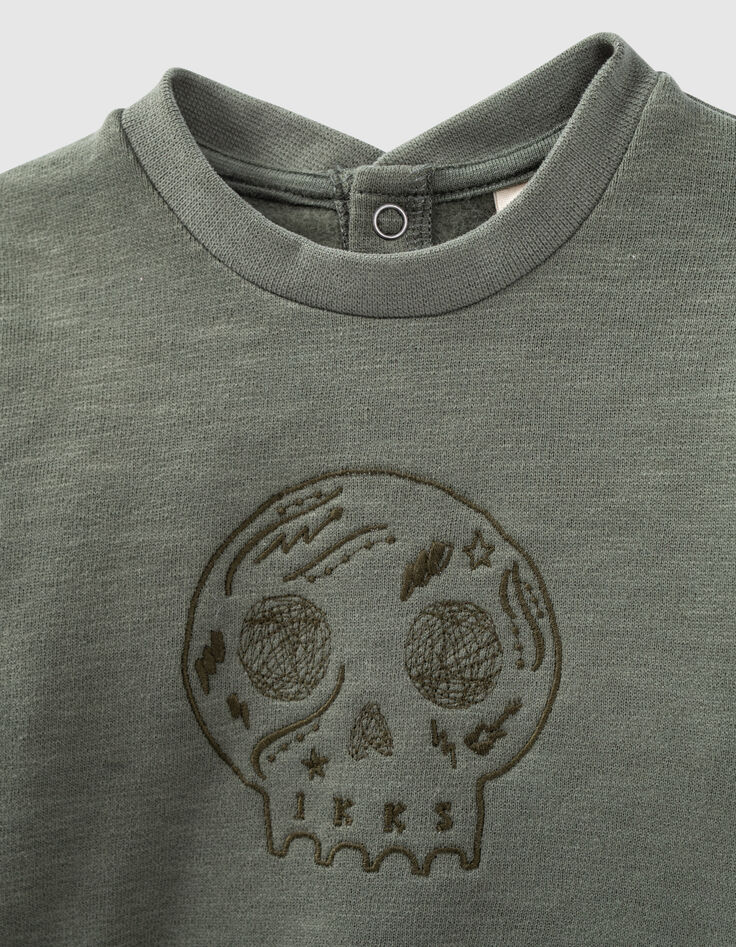 Sweat kaki clair brodé skull en molleton bio bébé-3