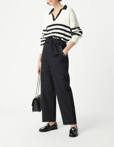 Schwarze Damen Paperbag Jeans mit weitem Bein und Nietenverzierung - IKKS