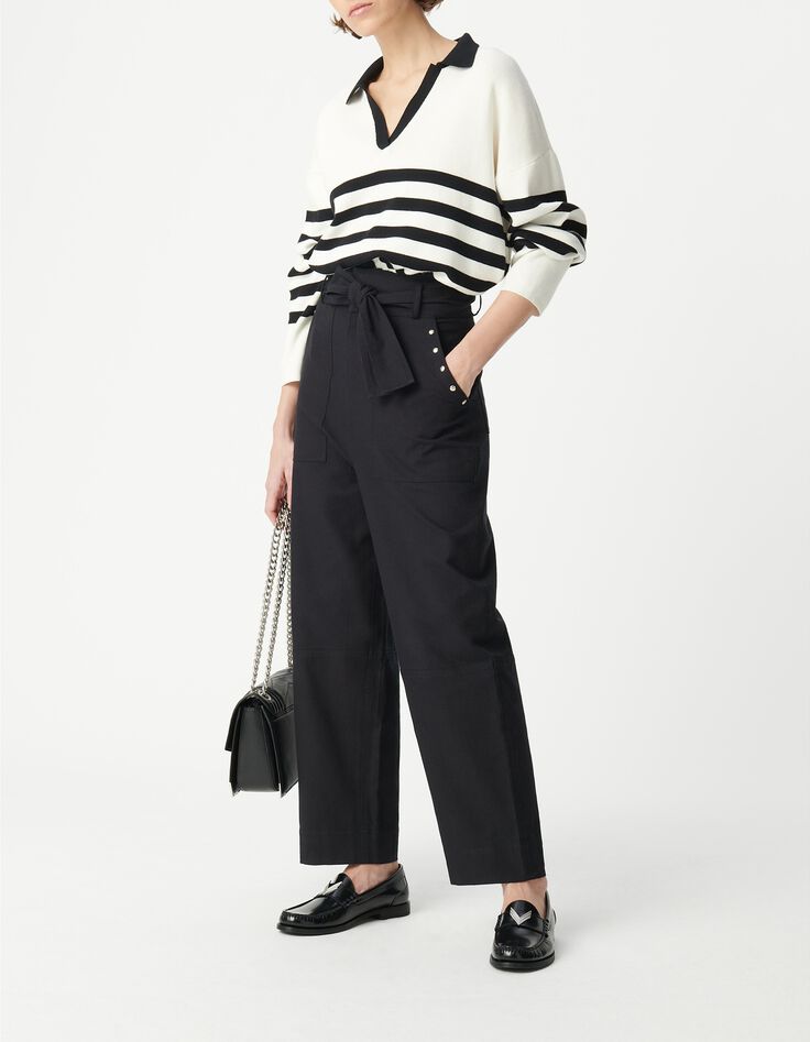 Schwarze Damen Paperbag Jeans mit weitem Bein und Nietenverzierung-1