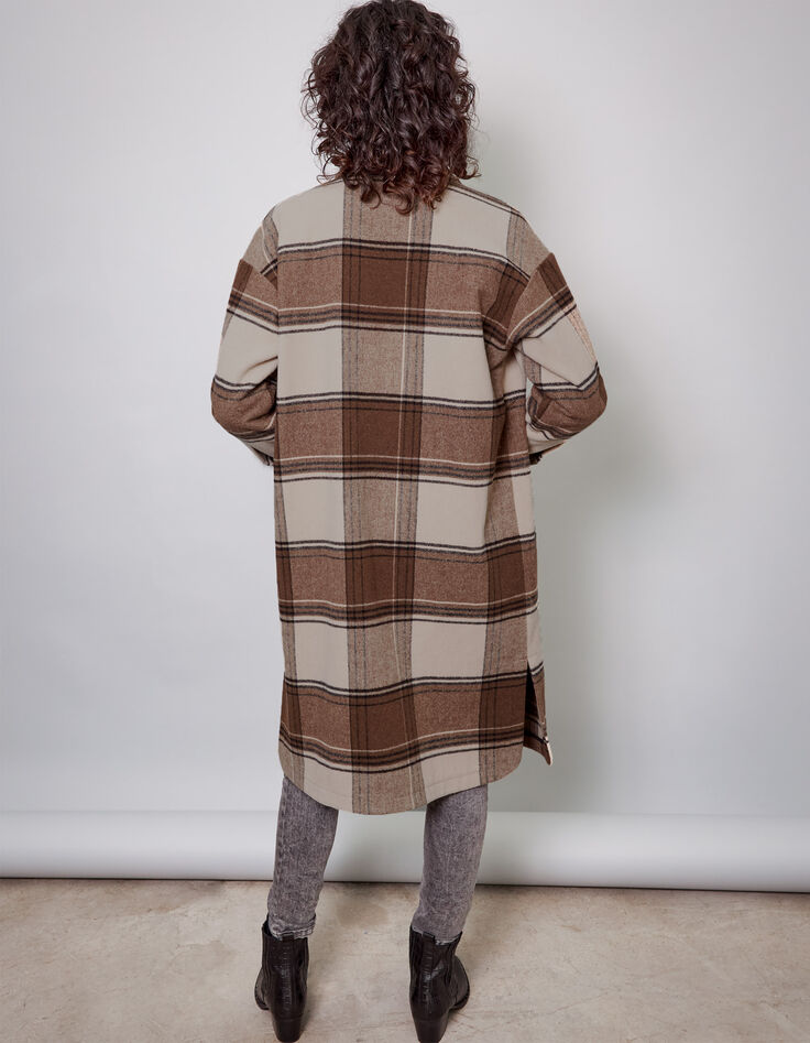 Abrigo largo sobrecamisa cuadros beige y negro mujer-3