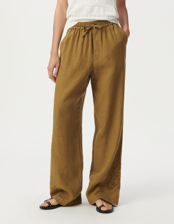 Pantalon large kaki taille haute broderies placées Femme-2