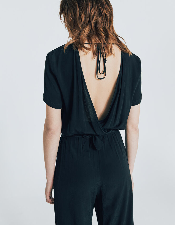 Combinaison viscose Ecovero® longue noire nouée dos femme-5