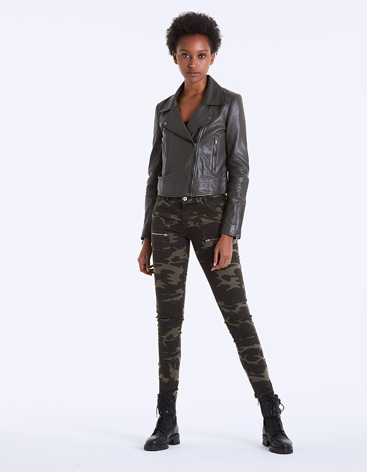 Blouson kaki en cuir d'agneau détails zips femme-6