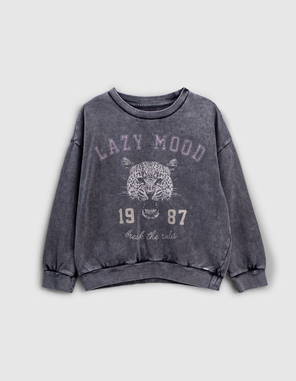 Girls’ medium grey acid wash sweatshirt with tiger image