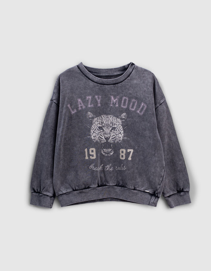 Girls’ medium grey acid wash sweatshirt with tiger image - IKKS