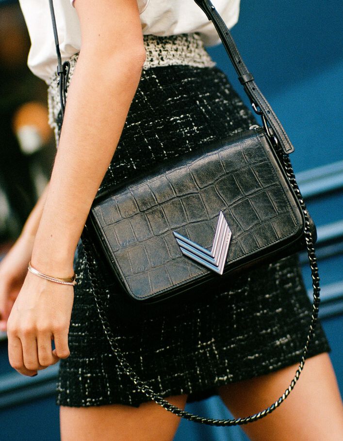 Women's black Italian lambskin leather crocodile-look Monica 111 bag