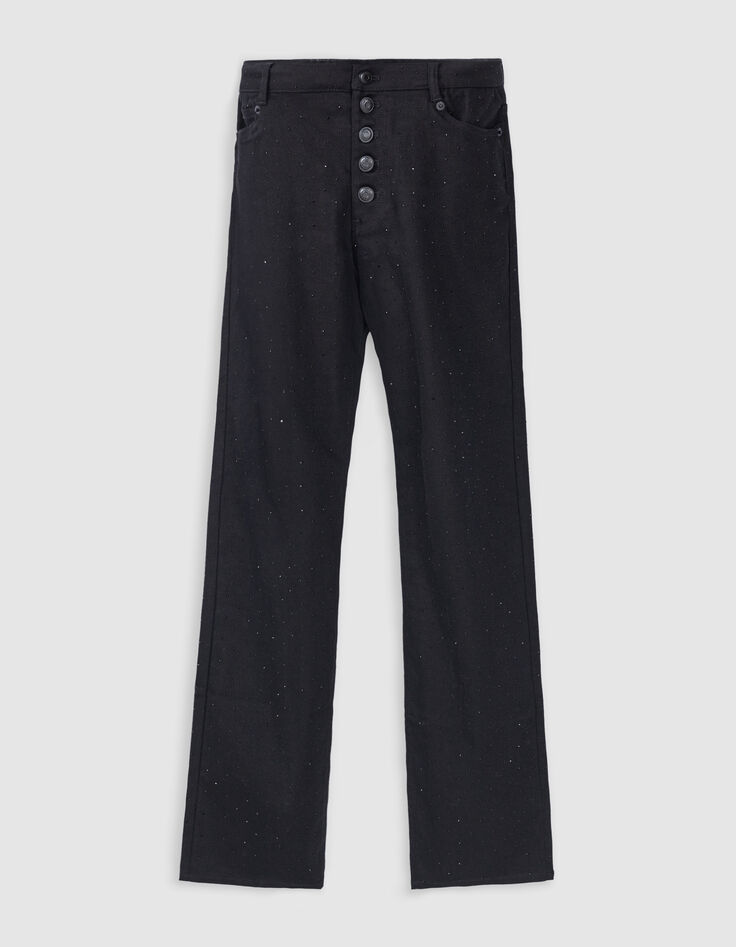 Schwarze, gerade geschnittene Damen-Jeans mit schwarzen Strasssteinverzierungen-7