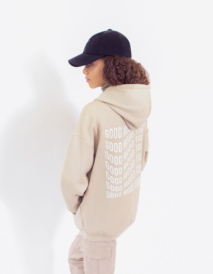 Lichtbeige sweater met kap en geborduurde tekst meisjes-2