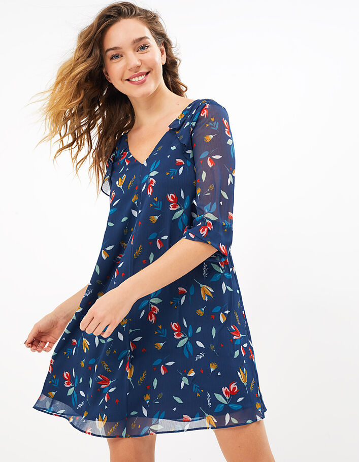 Marineblaues Kleid mit Rüschen und Tulpenprint I.Code - IKKS