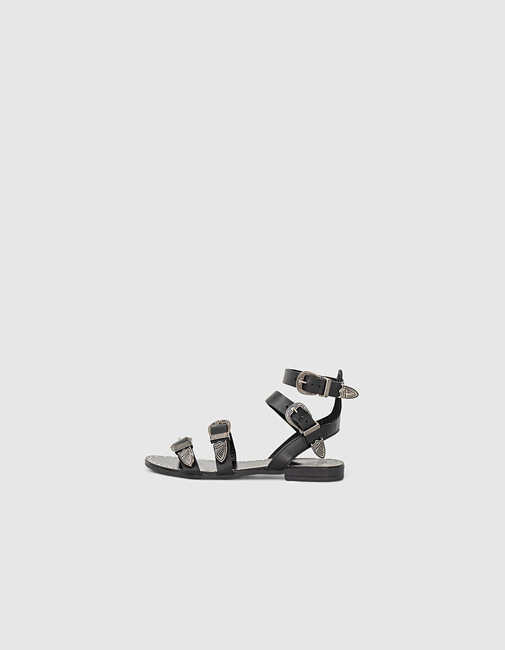 Sandalias cuero ante negro hebilla mujer-2