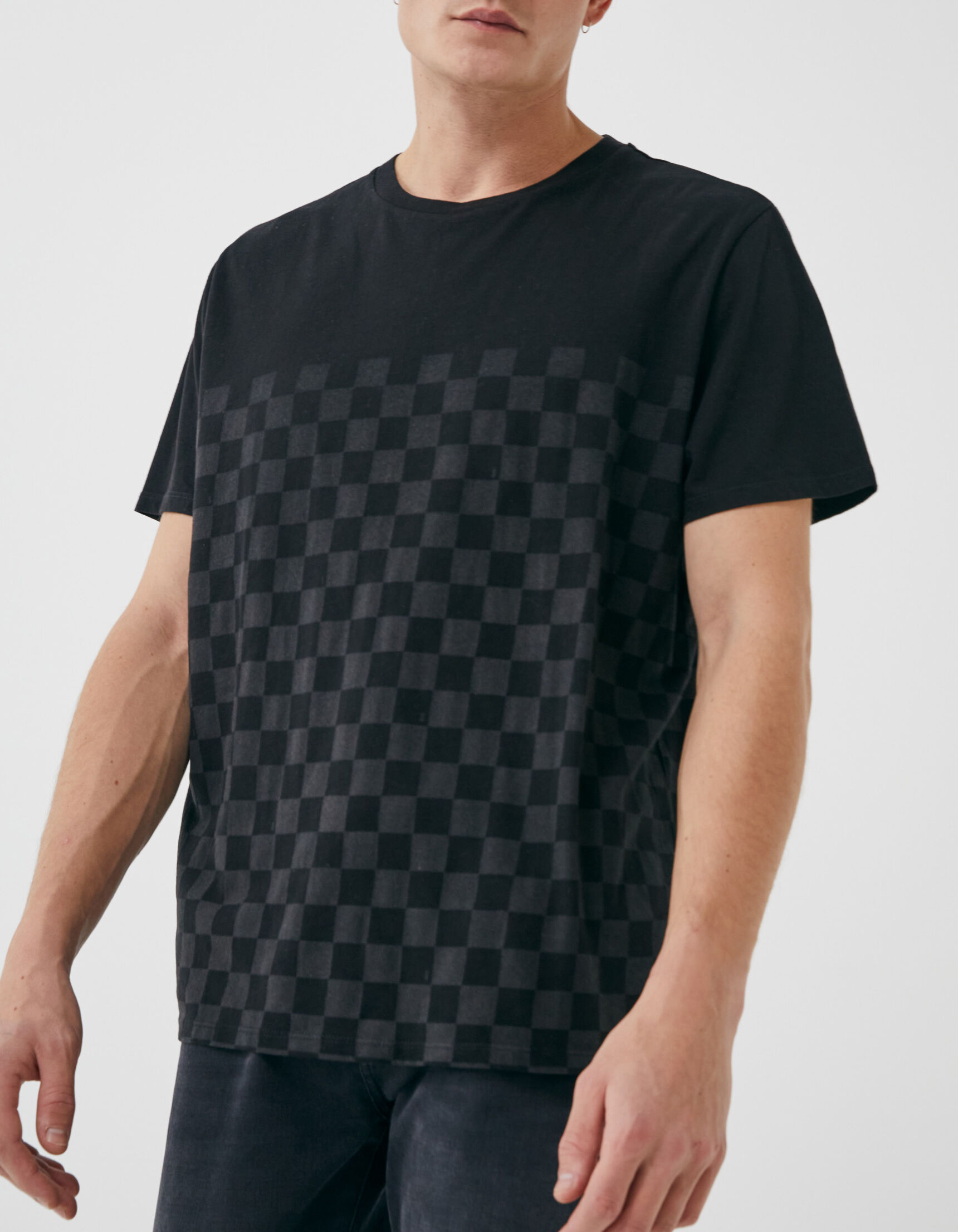 Men s black checkerboard print T shirt