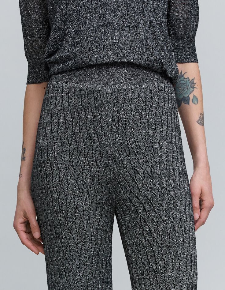 Pantalon gris maille fine graphique ajourée Femme-4