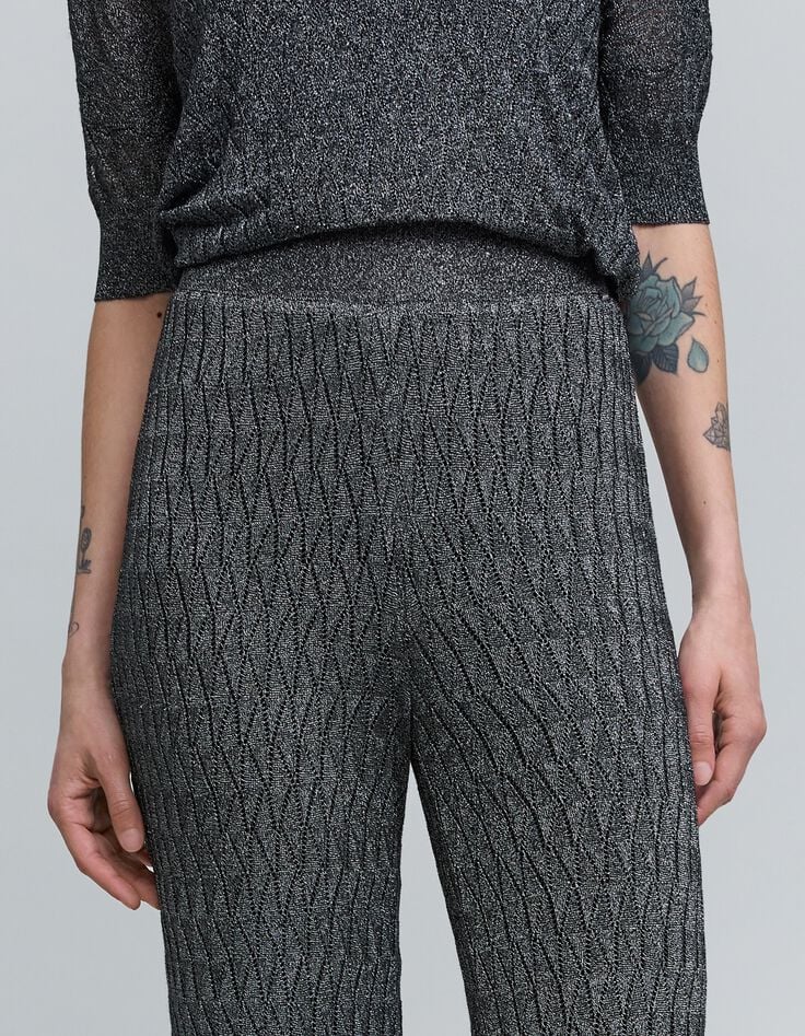 Pantalon gris maille fine graphique ajourée Femme-4 Pantalon gris maille fine graphique ajourée Femme-4