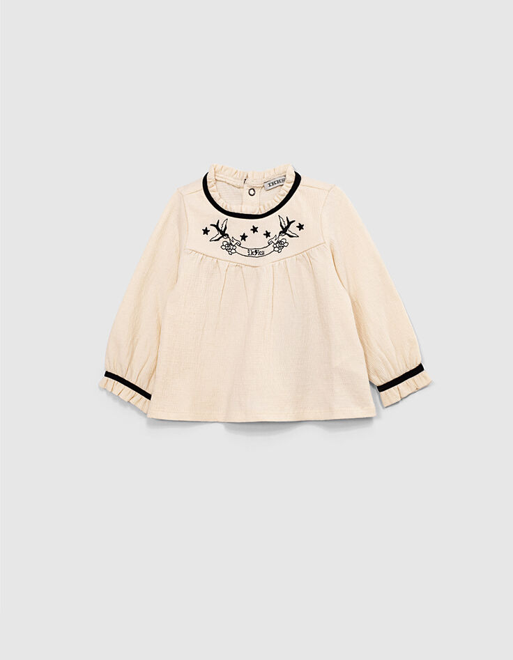 Ecru T-shirt zwart fantasieborduursel babymeisjes-1 Ecru T-shirt zwart fantasieborduursel babymeisjes-1