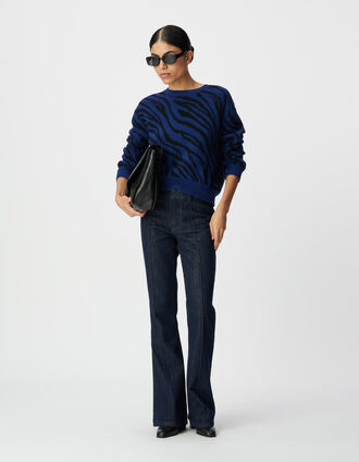 Pull hiver bleu tricot motif zèbre cropped