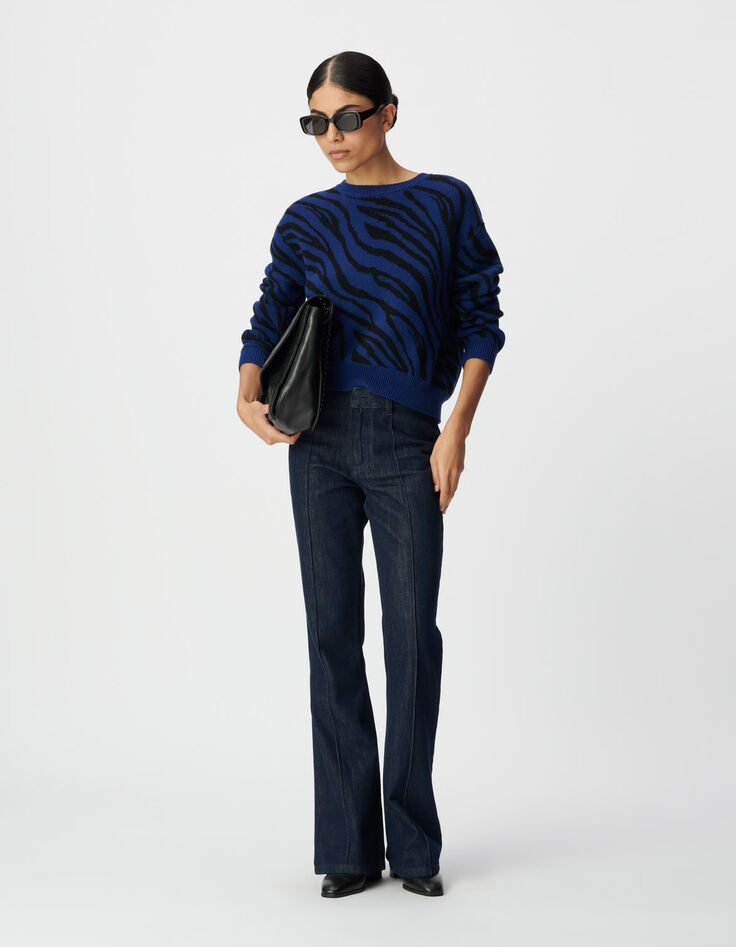 Blauer Damen-Croppedstrickpulli Zebramuster-1